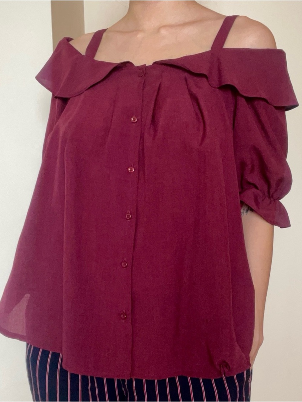 Wine flowy ruffle cold shoulder blouse